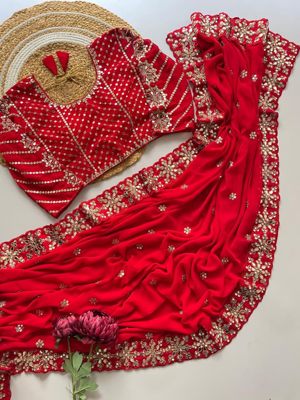 Strokes & Stories Red Georgette Saree