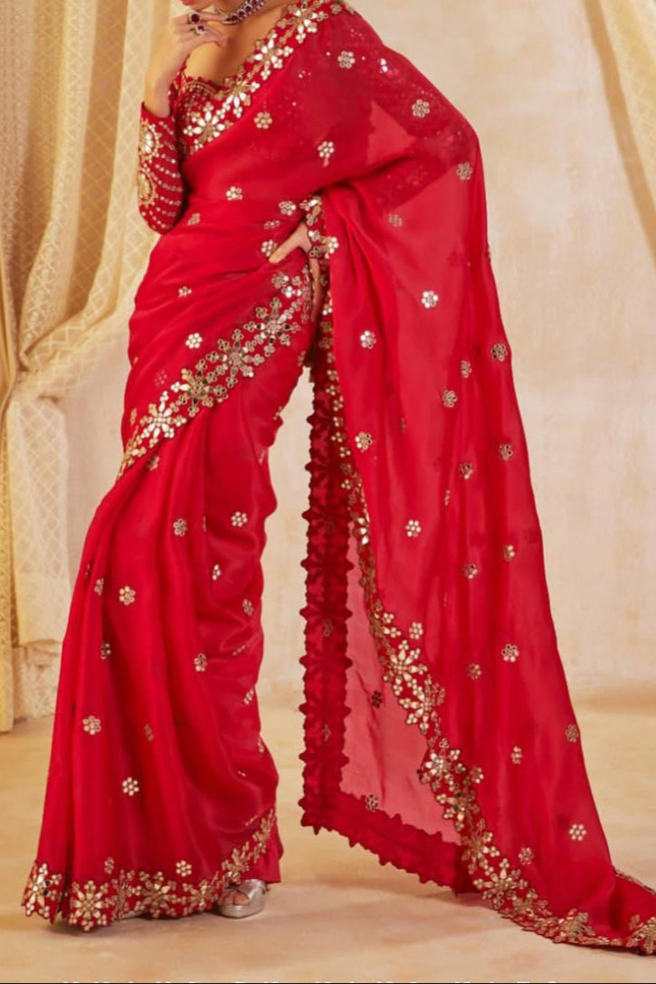 Strokes & Stories Red Georgette Saree
