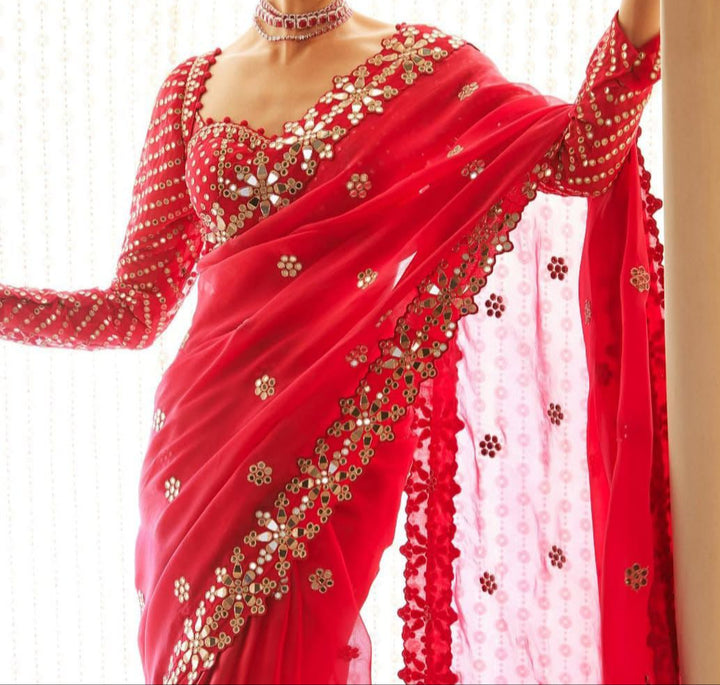 Strokes & Stories Red Georgette Saree