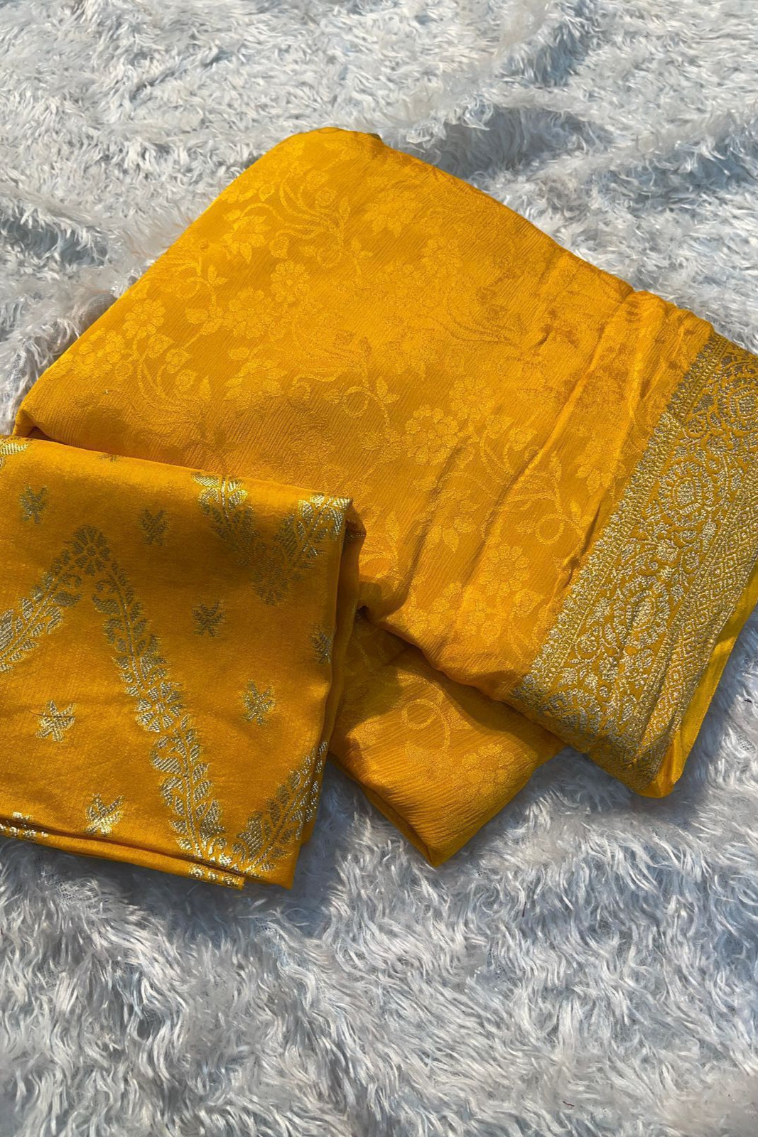 Fallen Flowers Chinnon Yellow Silk Saree