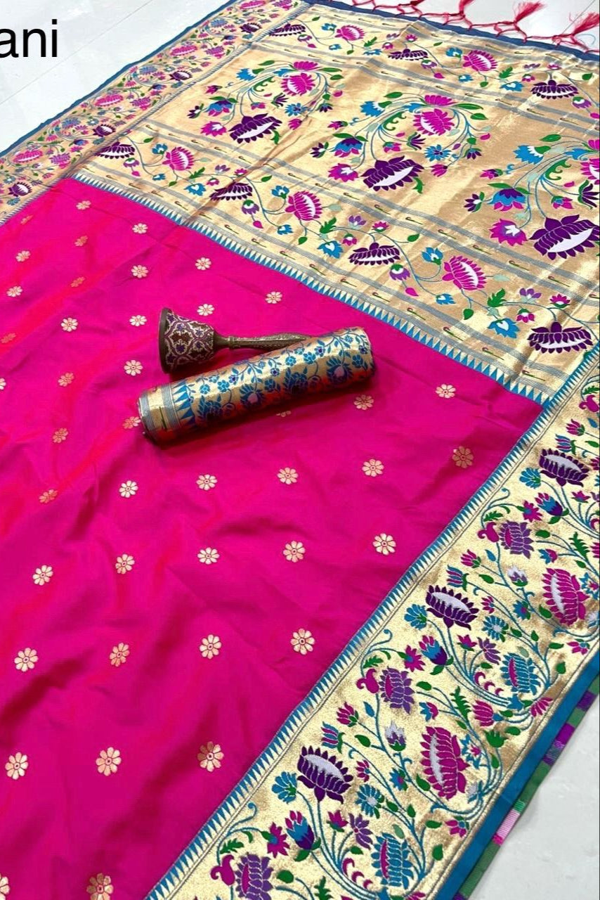 Prabhat Dhun Kanchivaram Rani Pink Paithani Silk Saree