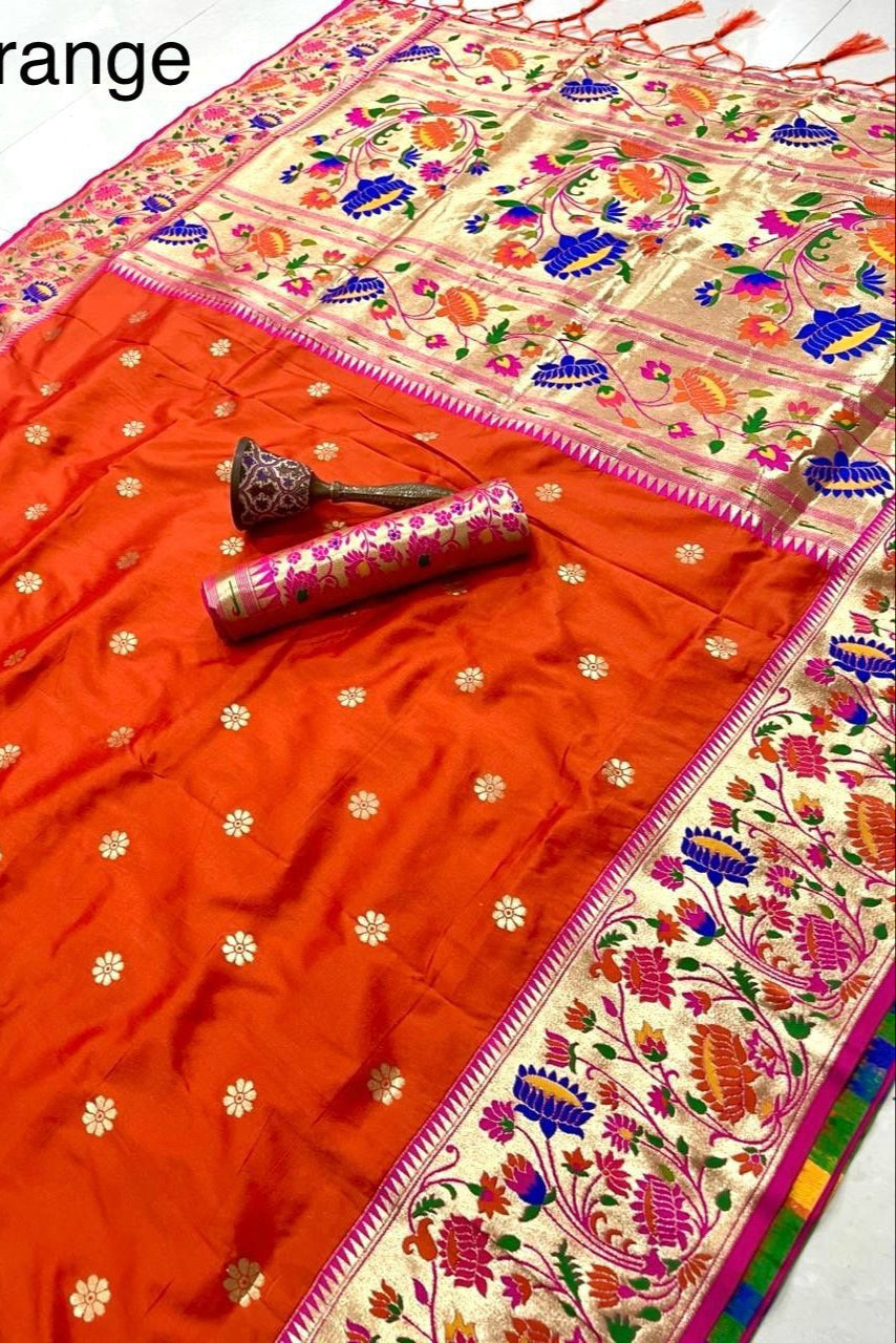 Prabhat Dhun Kanchivaram Orange Paithani Silk Saree