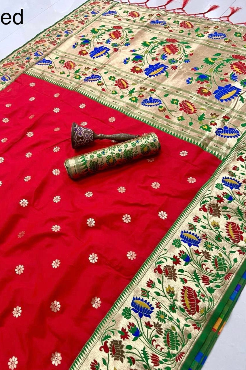 Prabhat Dhun Kanchivaram Red Paithani Silk Saree