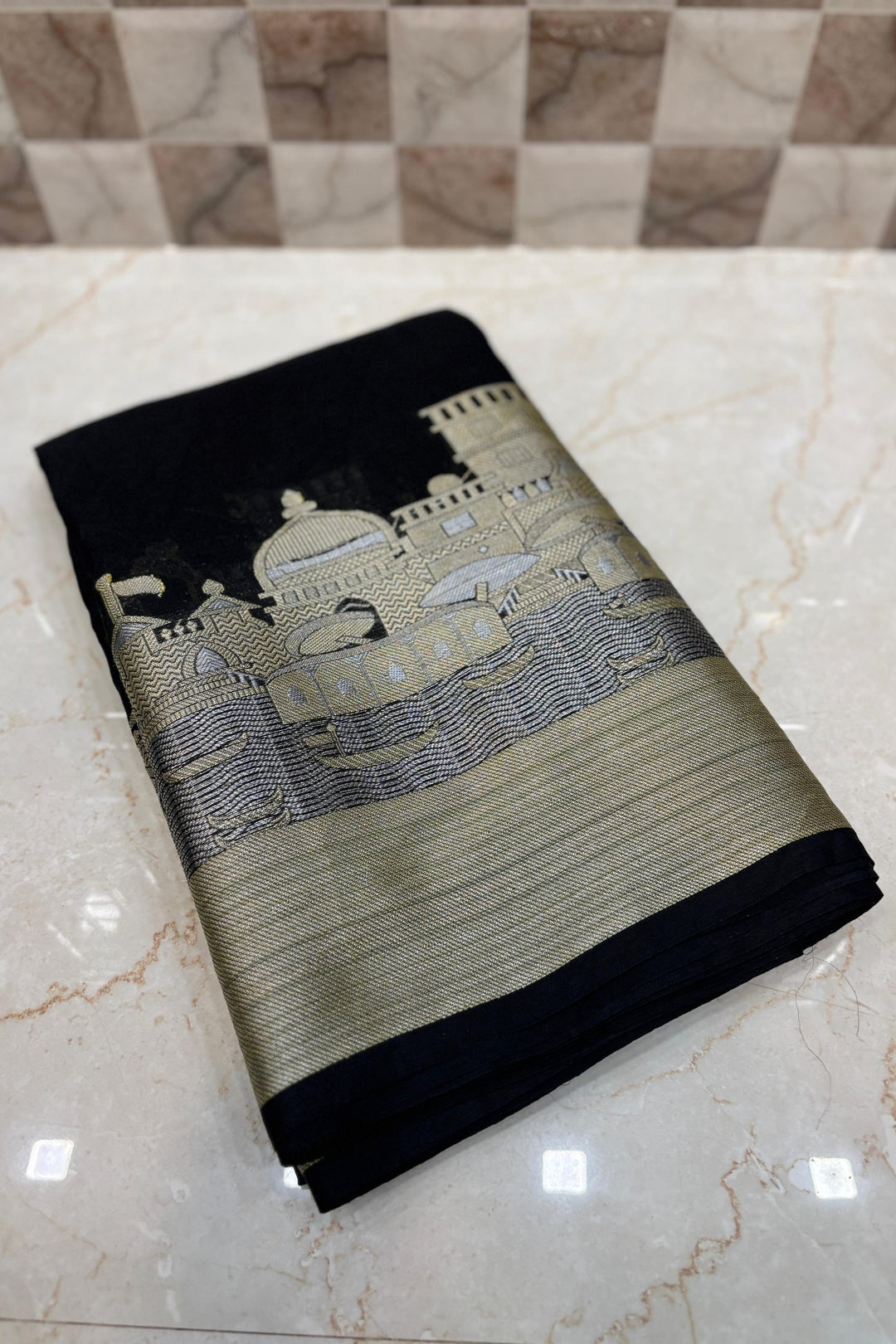 Ganga Ghat Semi Georgette Black Saree