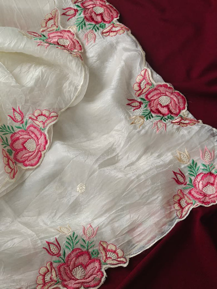 Rose White Crush Silk Saree