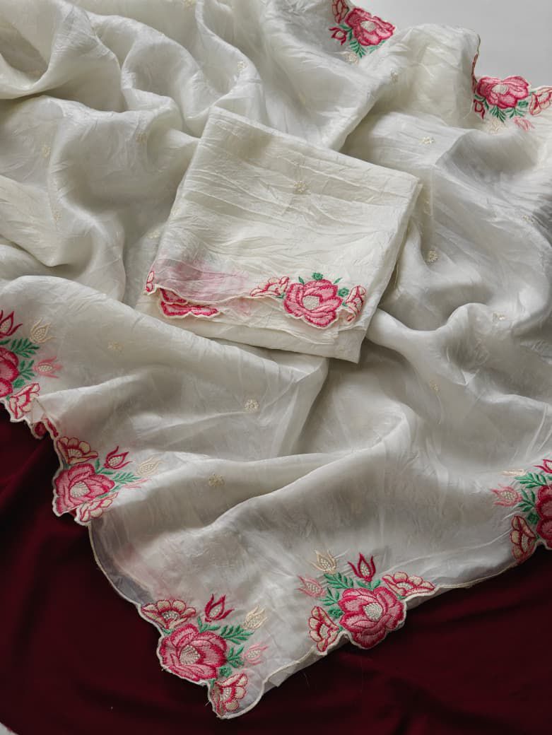 Rose White Crush Silk Saree