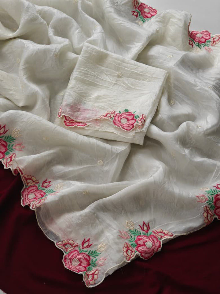 Rose White Crush Silk Saree