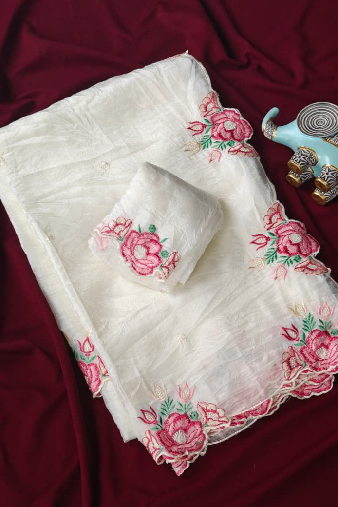 Rose White Crush Silk Saree