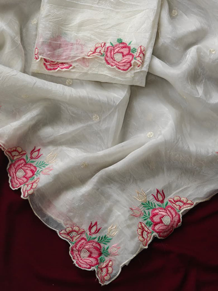 Rose White Crush Silk Saree