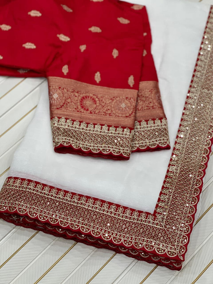 White & Red Fancy Chiffon Saree