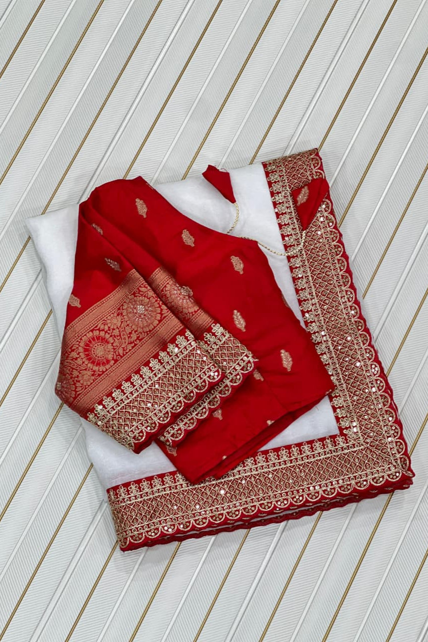 White & Red Fancy Chiffon Saree