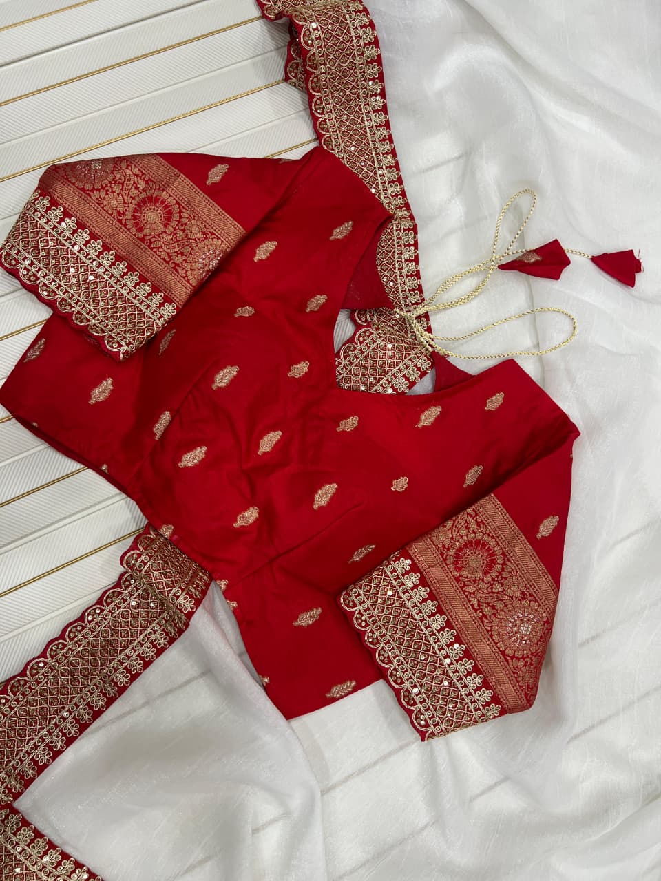 White & Red Fancy Chiffon Saree