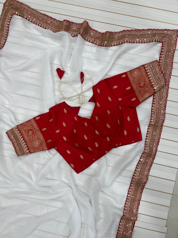 White & Red Fancy Chiffon Saree