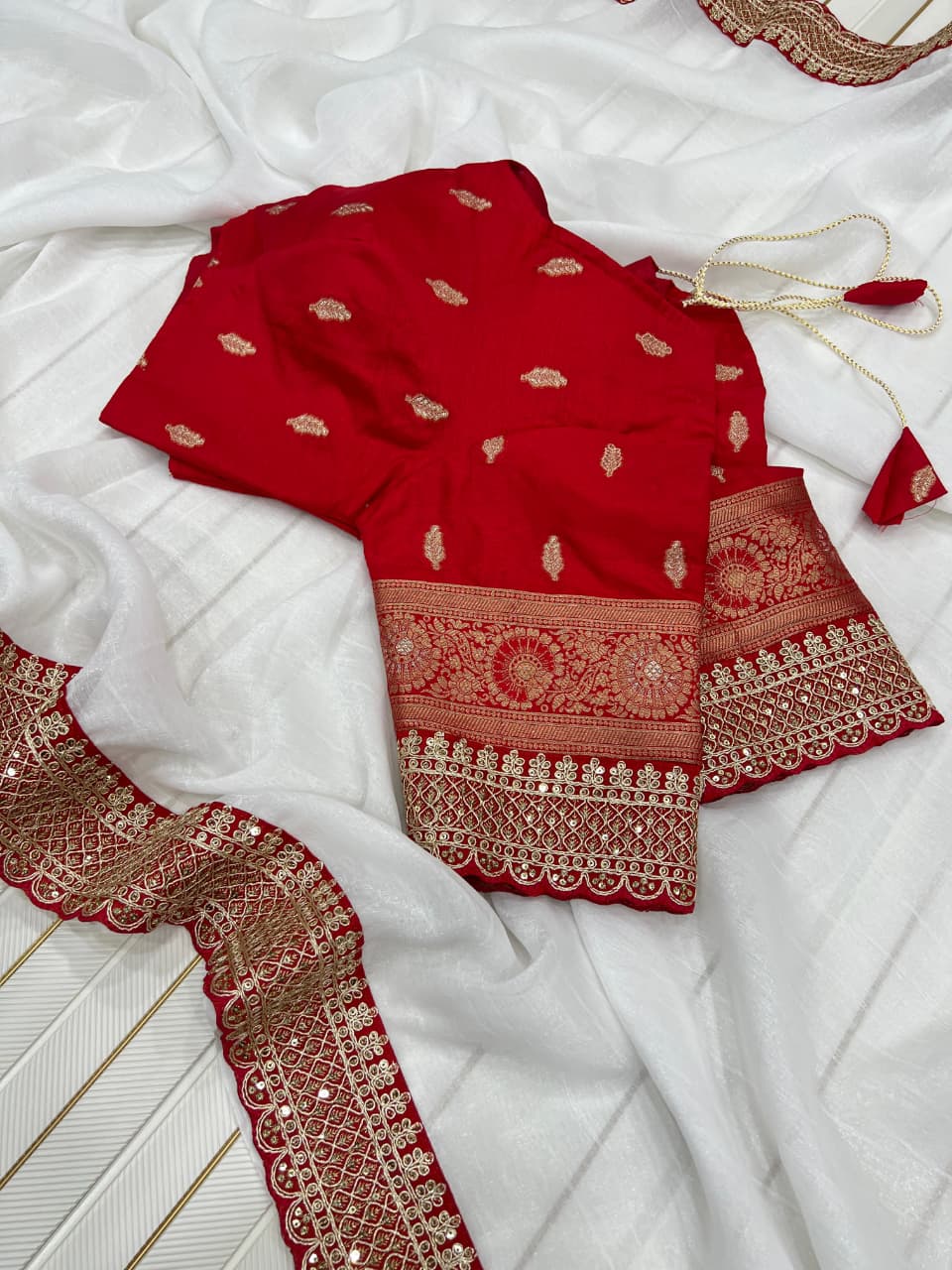 White & Red Fancy Chiffon Saree