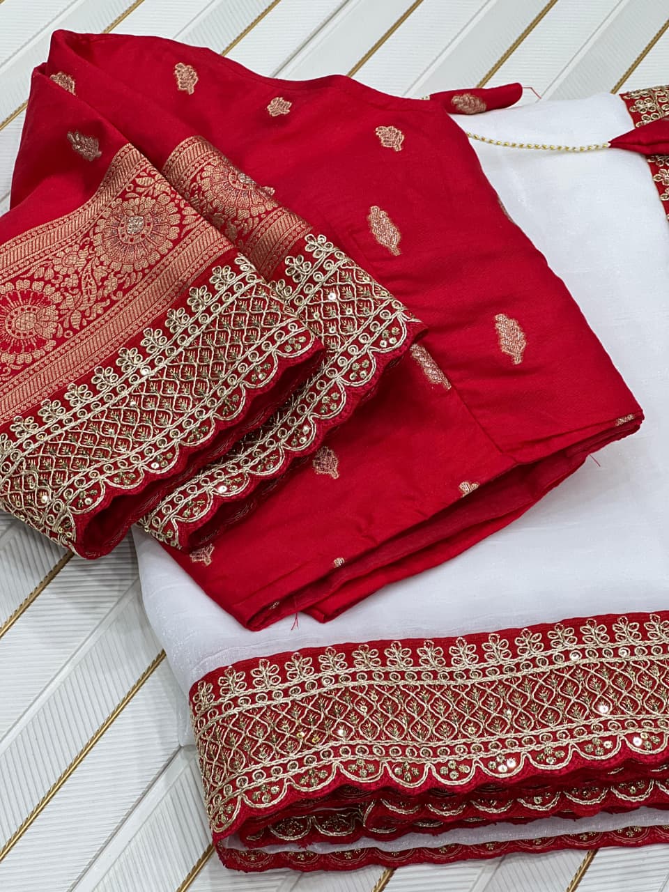 White & Red Fancy Chiffon Saree