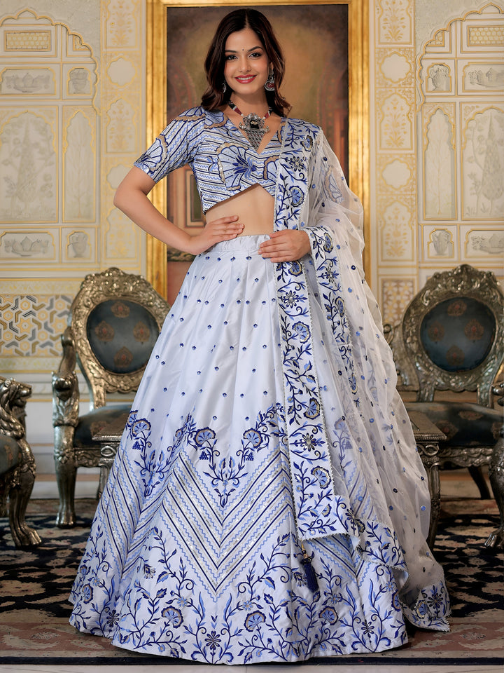 White and Blue Satin Silk Lehenga