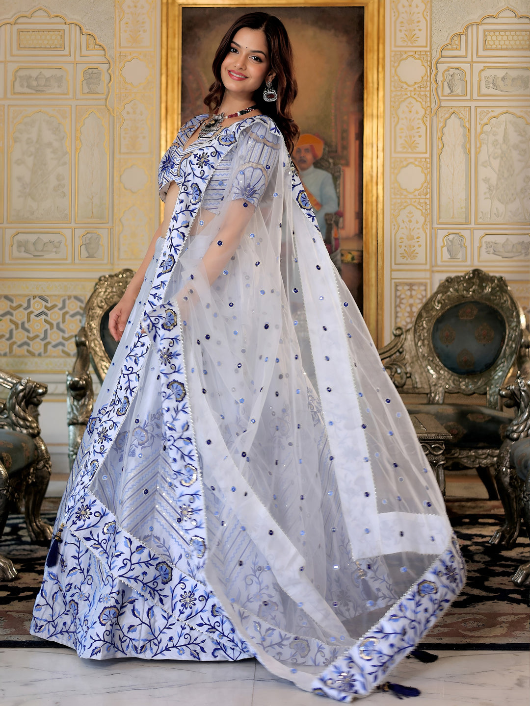 White and Blue Satin Silk Lehenga