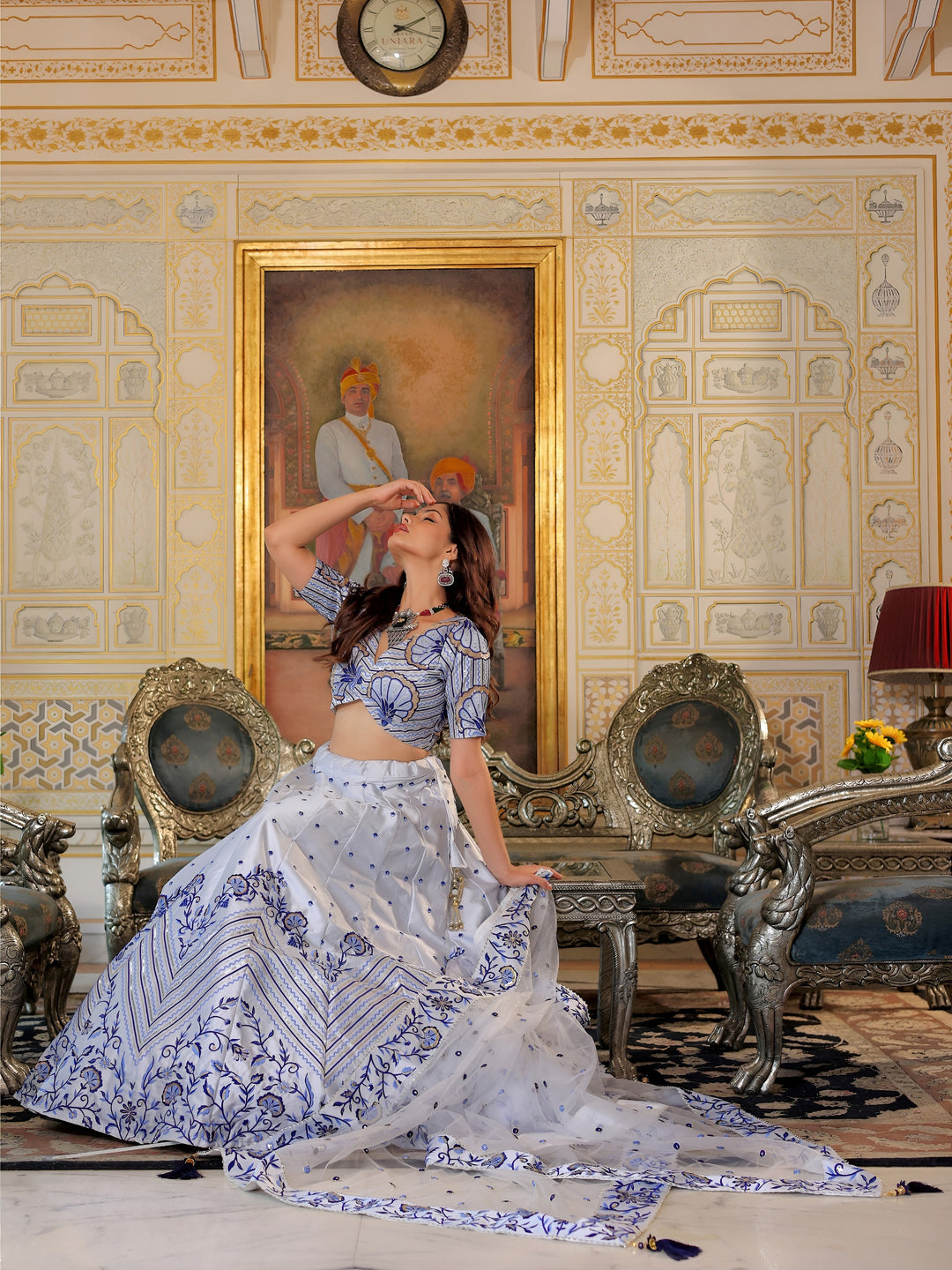 White and Blue Satin Silk Lehenga
