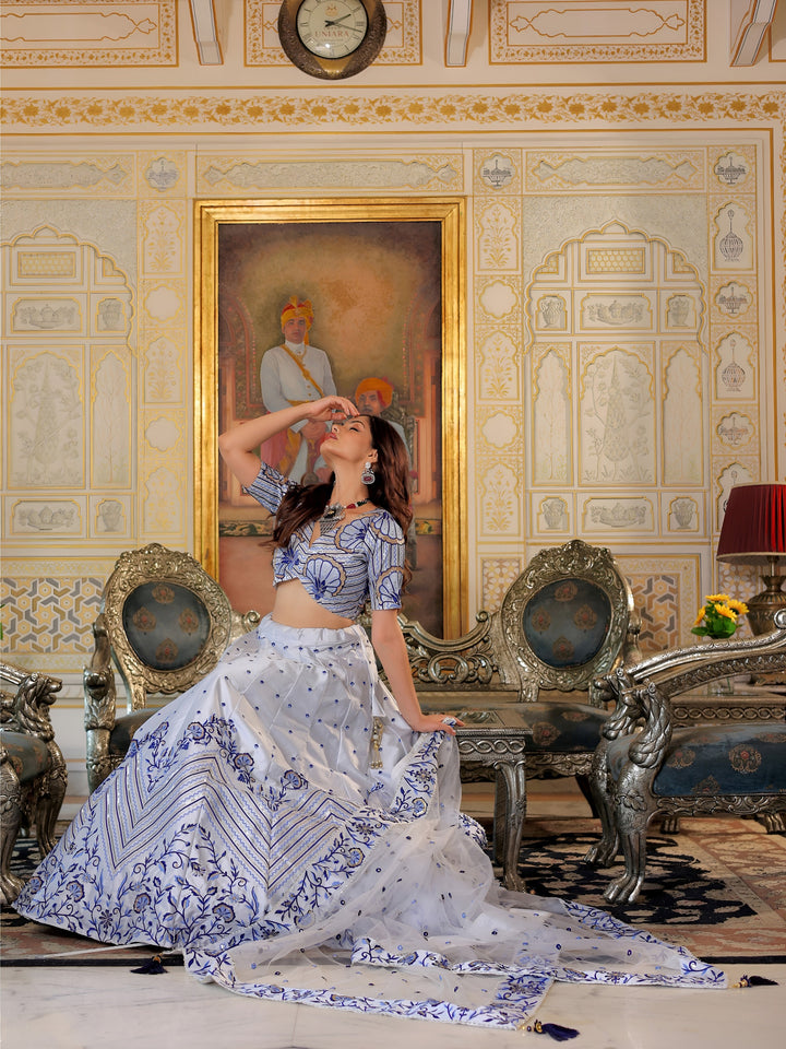 White and Blue Satin Silk Lehenga