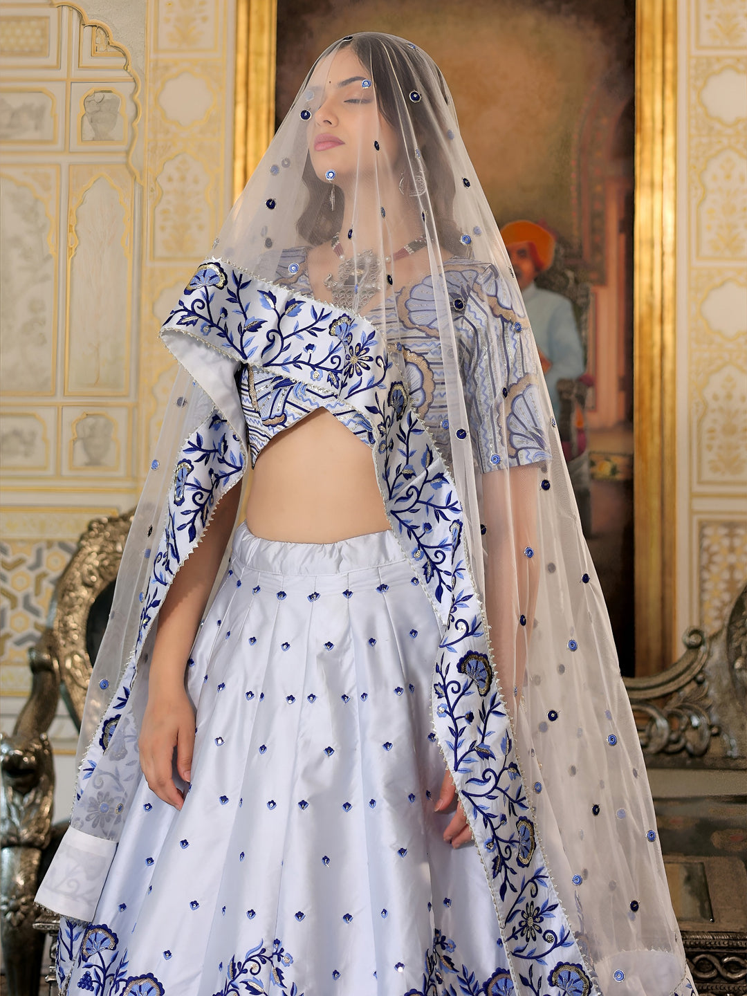 White and Blue Satin Silk Lehenga