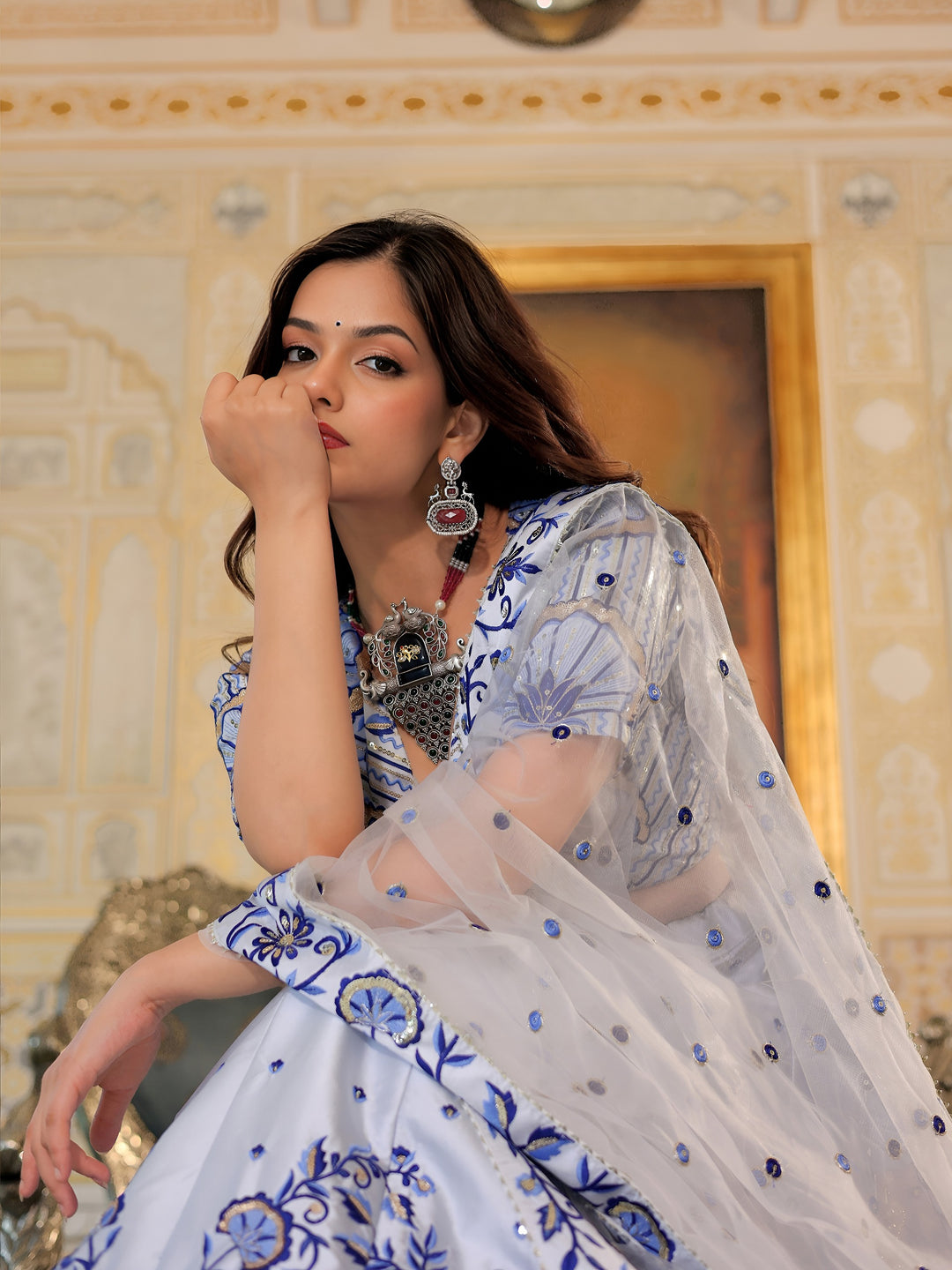 White and Blue Satin Silk Lehenga
