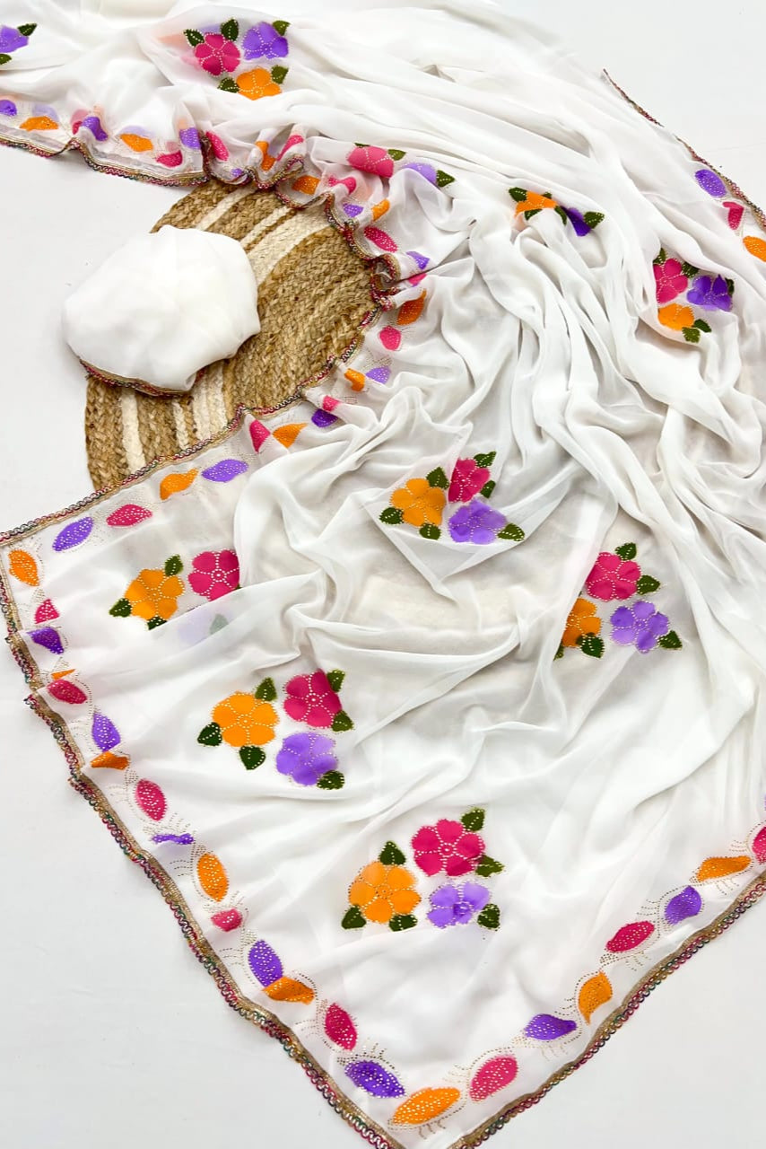 White Mallika Georgette Silk Saree