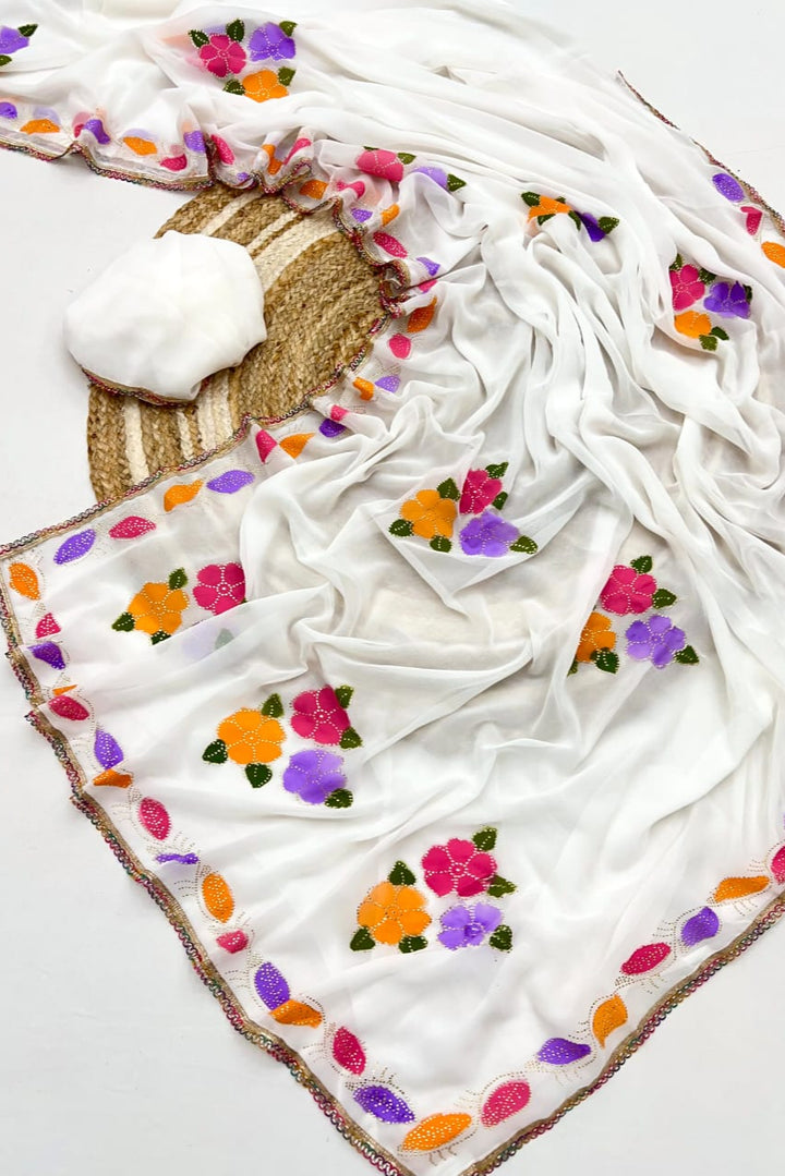 White Mallika Georgette Silk Saree