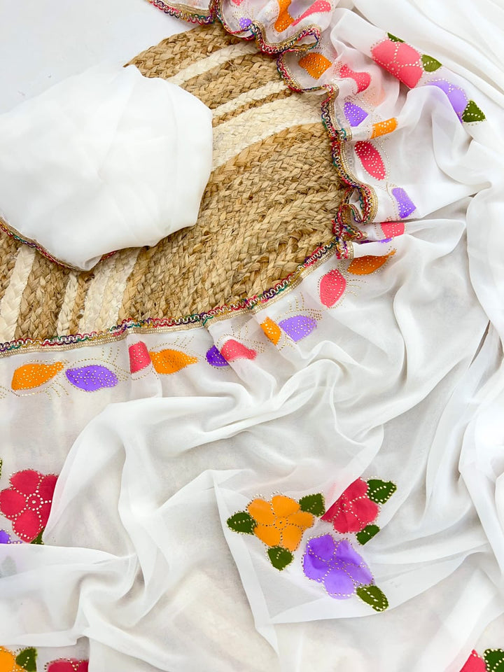 White Mallika Georgette Silk Saree