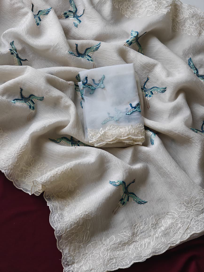 White Bird Crush Silk Saree