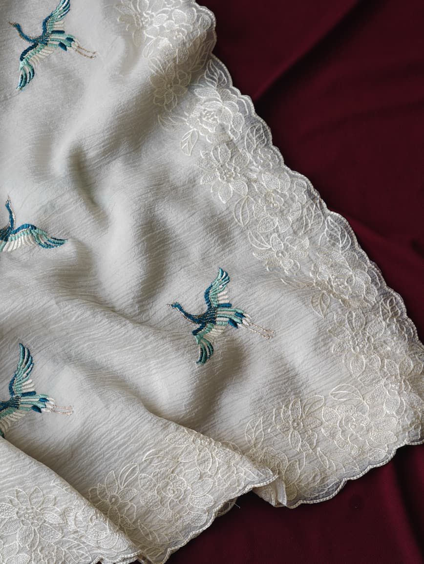 White Bird Crush Silk Saree