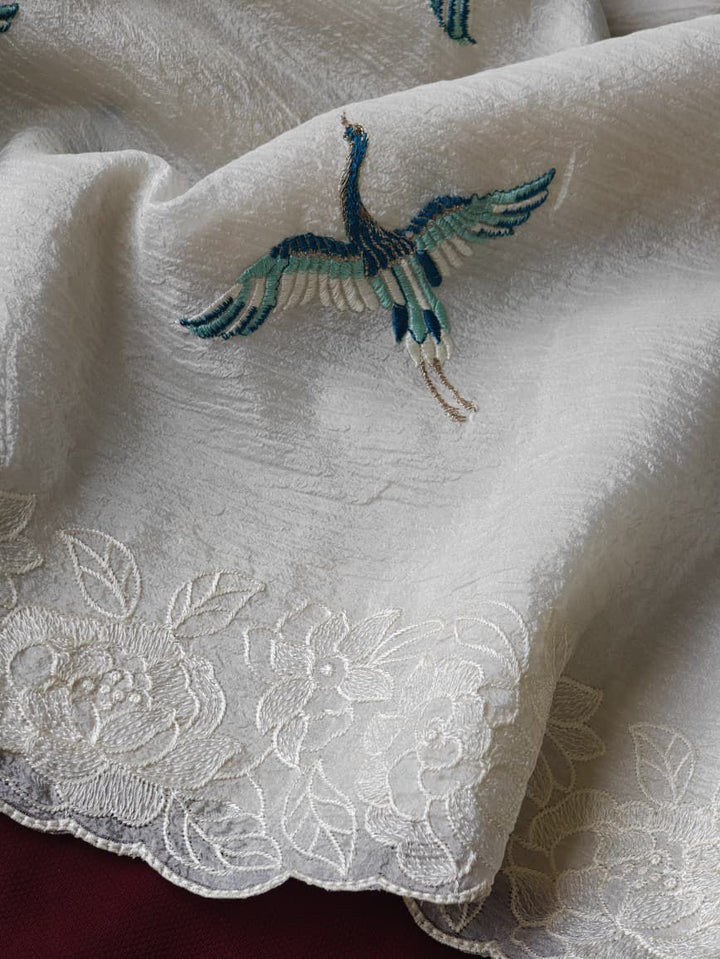 White Bird Crush Silk Saree