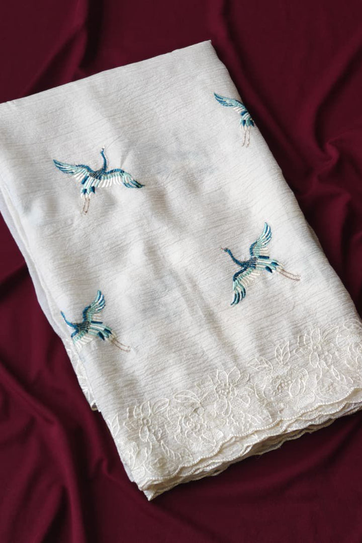 White Bird Crush Silk Saree