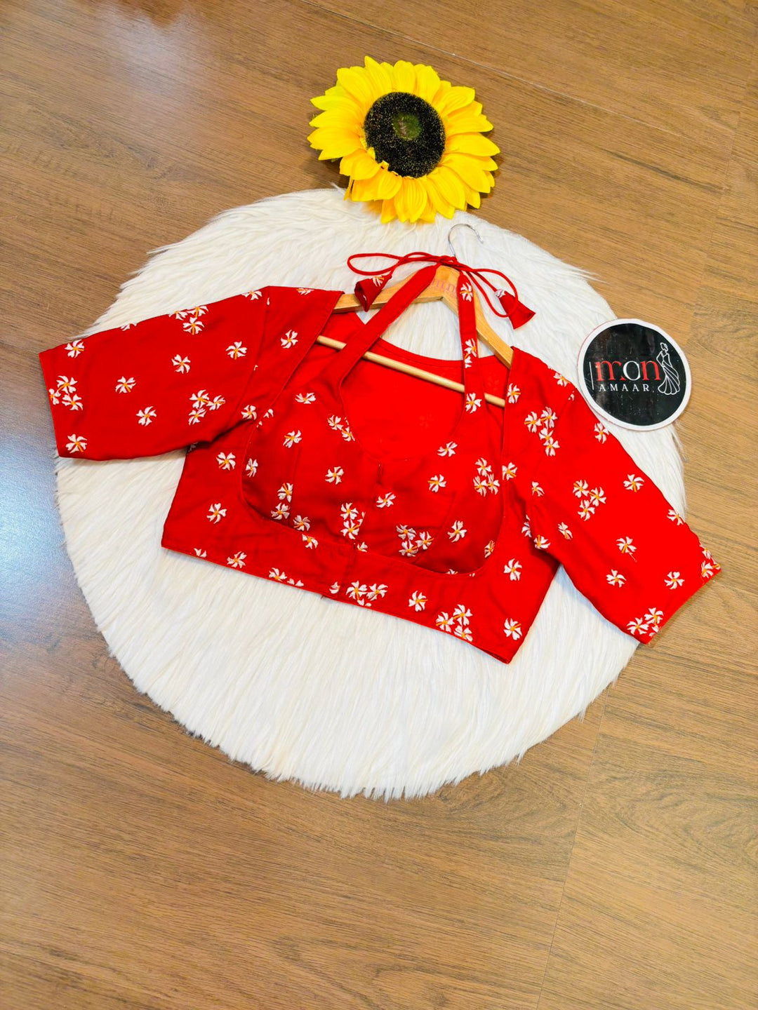 Red Shiuli Masaba Style Vichitra Silk Blouse