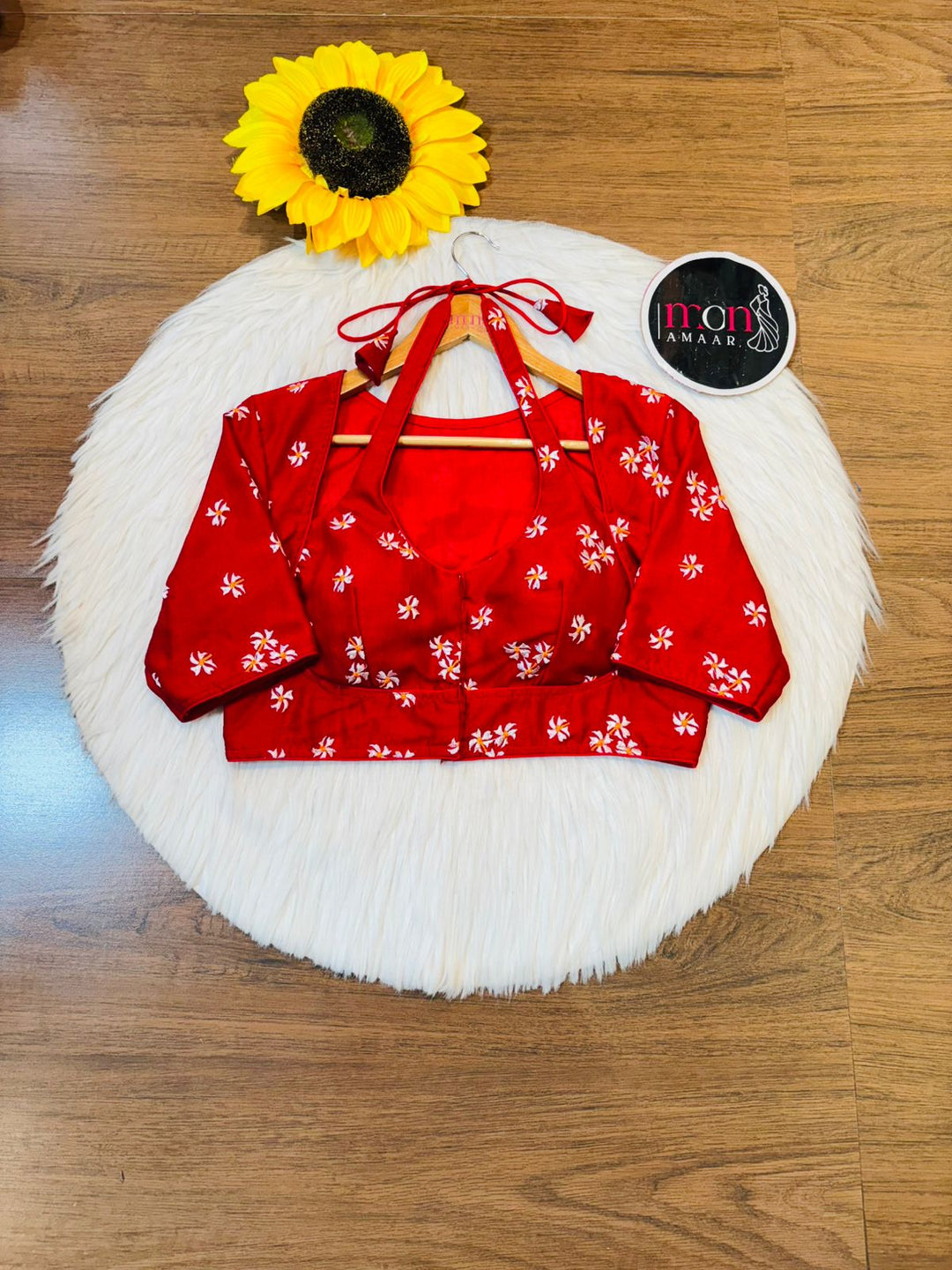 Red Shiuli Masaba Style Vichitra Silk Blouse