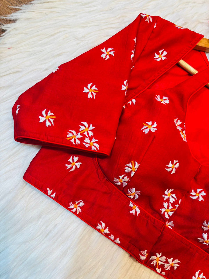 Red Shiuli Masaba Style Vichitra Silk Blouse