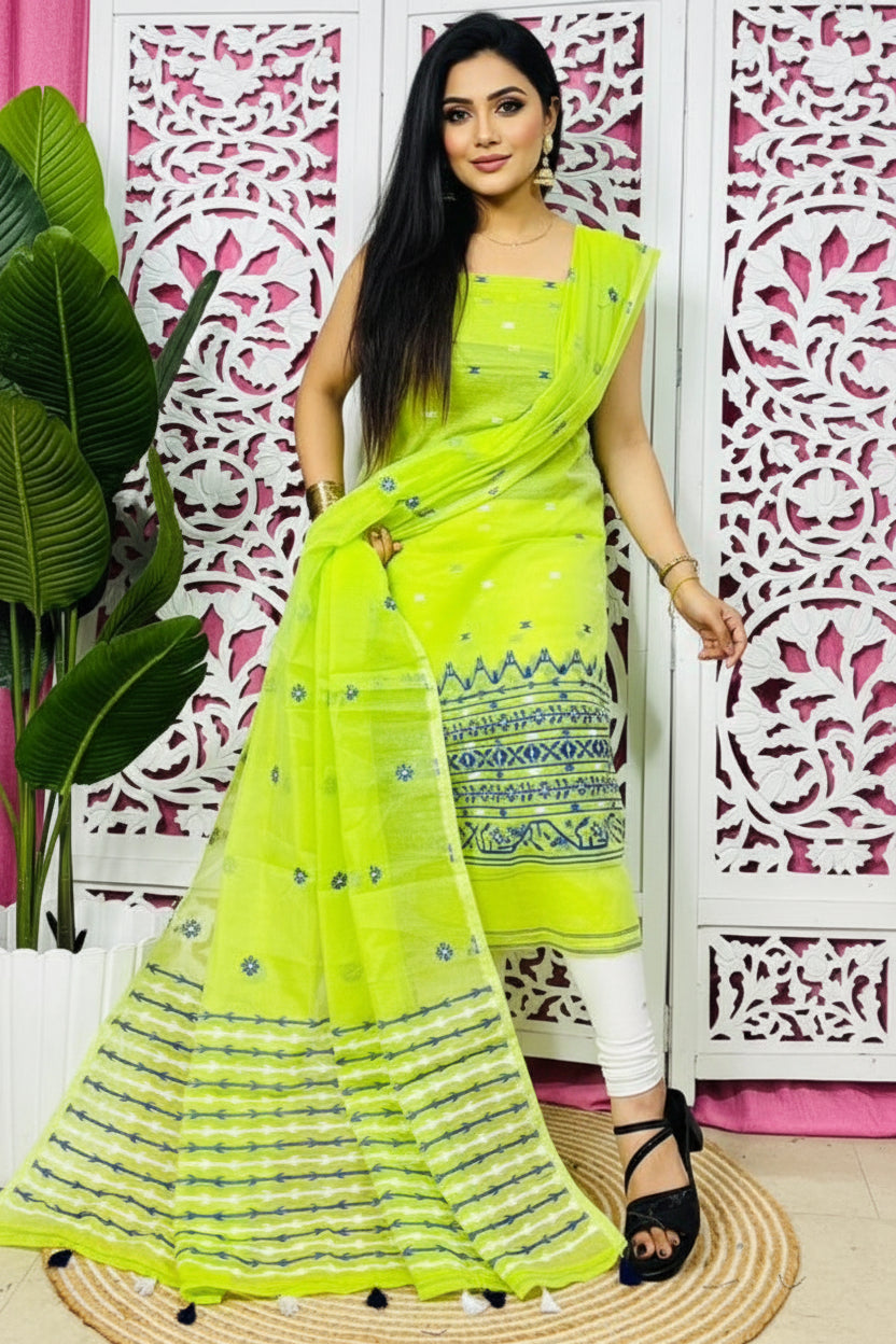white christmas dresses Muga Cotton 3 pc Jamdani Salwar Suit Dress Material with Pichwai Weaving on  Top and Dupatta main image 1