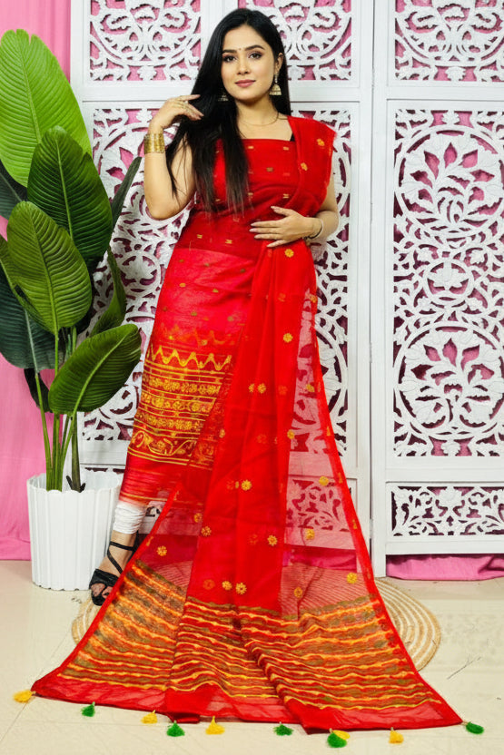 white christmas dresses Pure Banarasi Cotton Jamdani Weaved Zari And Meenakari Work Unstitched –  fab-persona main image 1