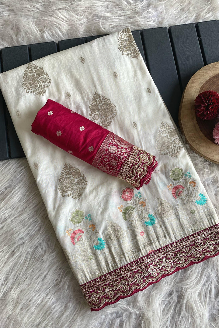 Little Highlights Banarasi White Dola Silk Saree