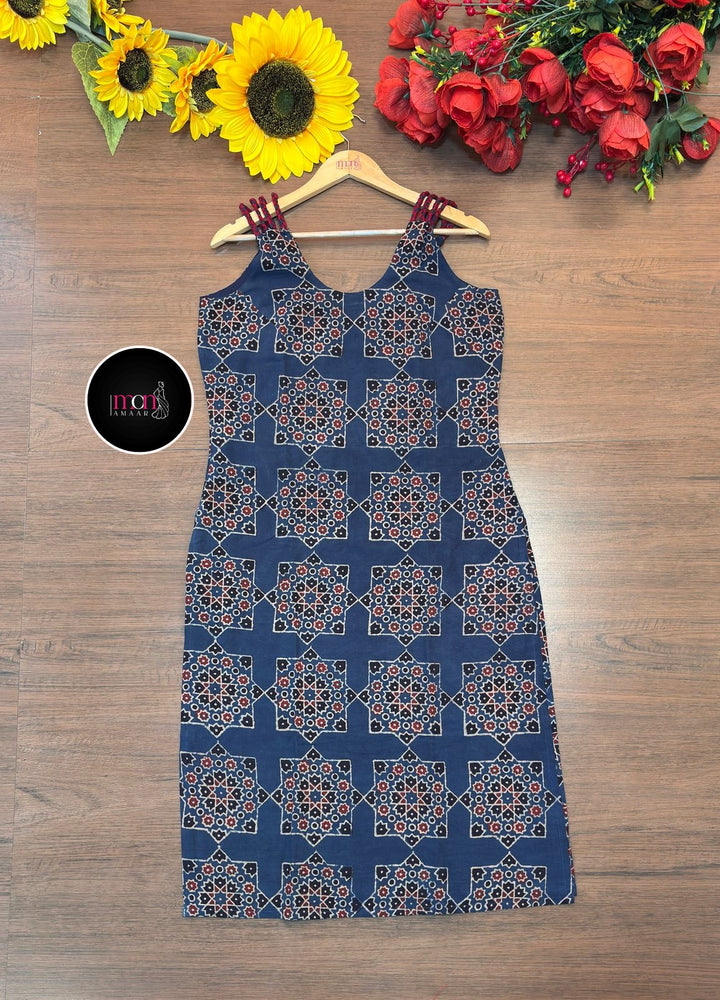 Noir Nova -  Pure Ajrakh Sustainable  Kurti (With Braided Strap)