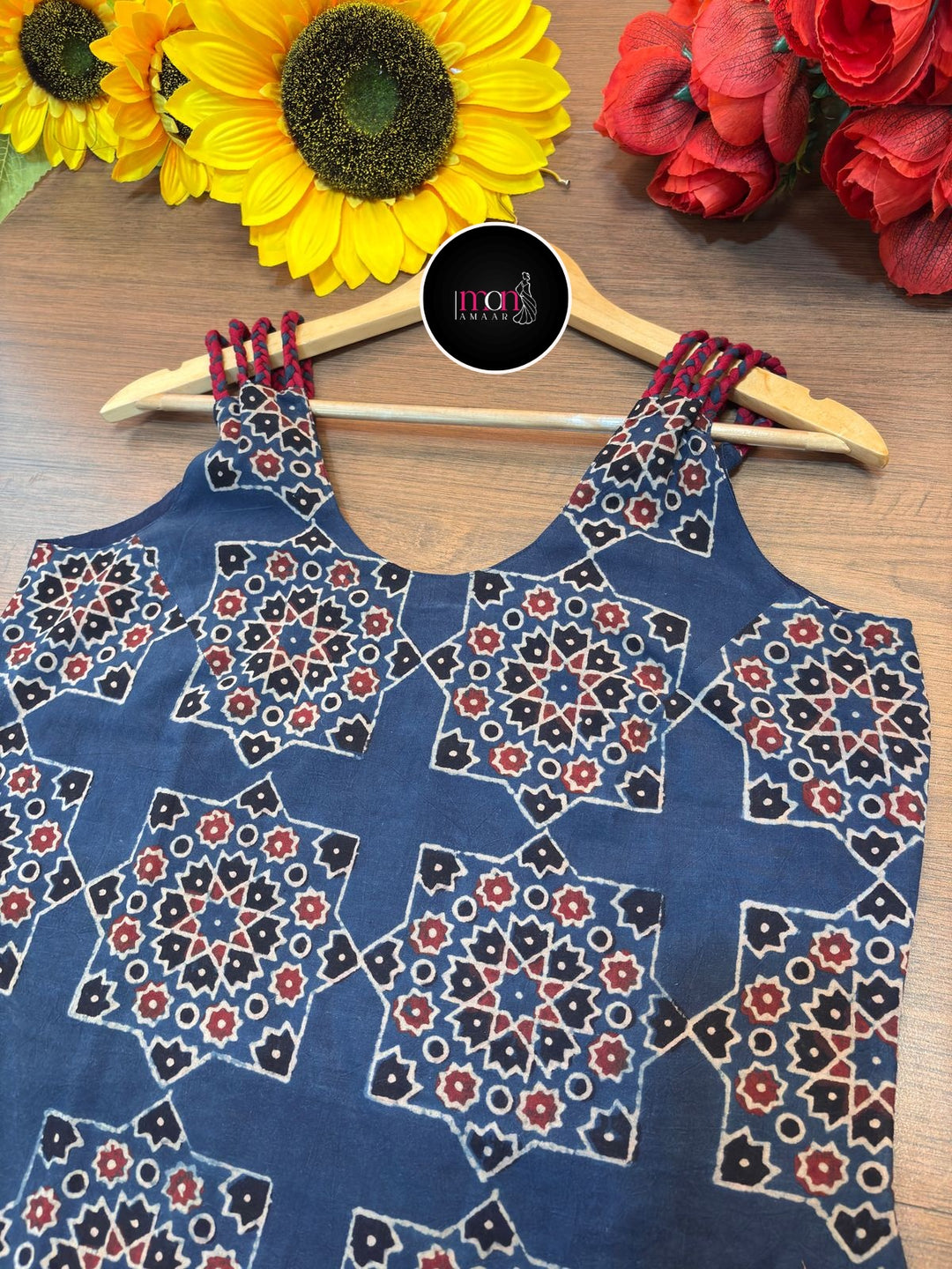 Noir Nova -  Pure Ajrakh Sustainable  Kurti (With Braided Strap)