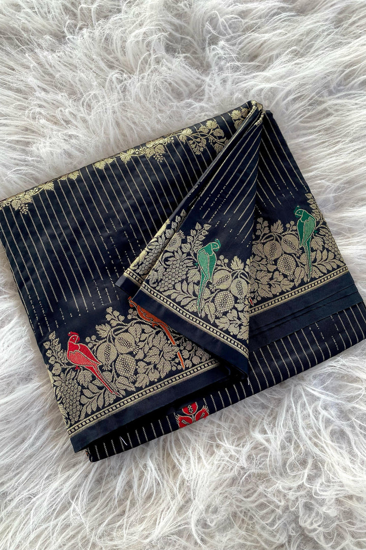 Little Talks Banarasi Mushru Satin Black Silk Saree