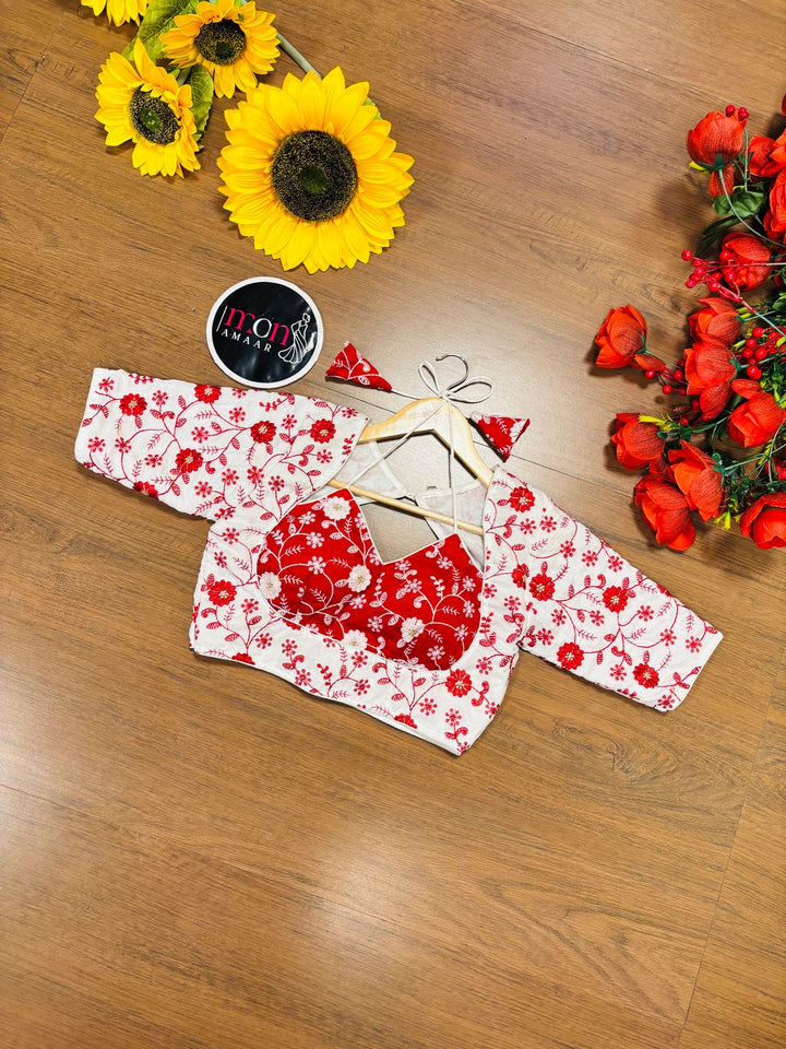 Red White Masaba Style Silk Blouse