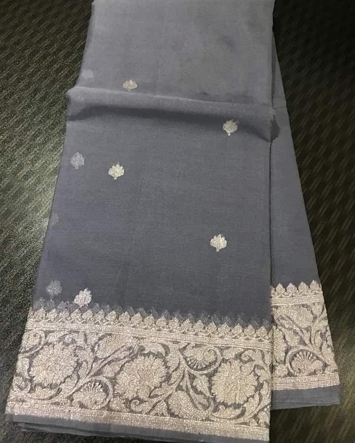 Khaddi Chiffon Banarasi Saree Silver Zari