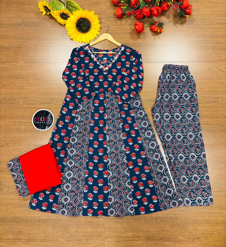 Blue Frame- Ajrakh Cotton Kurti Set