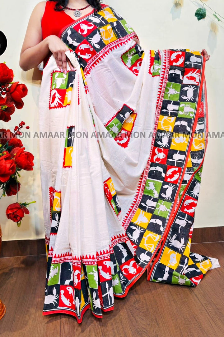 Whats Your Rashi- Block Print Cotton Saree