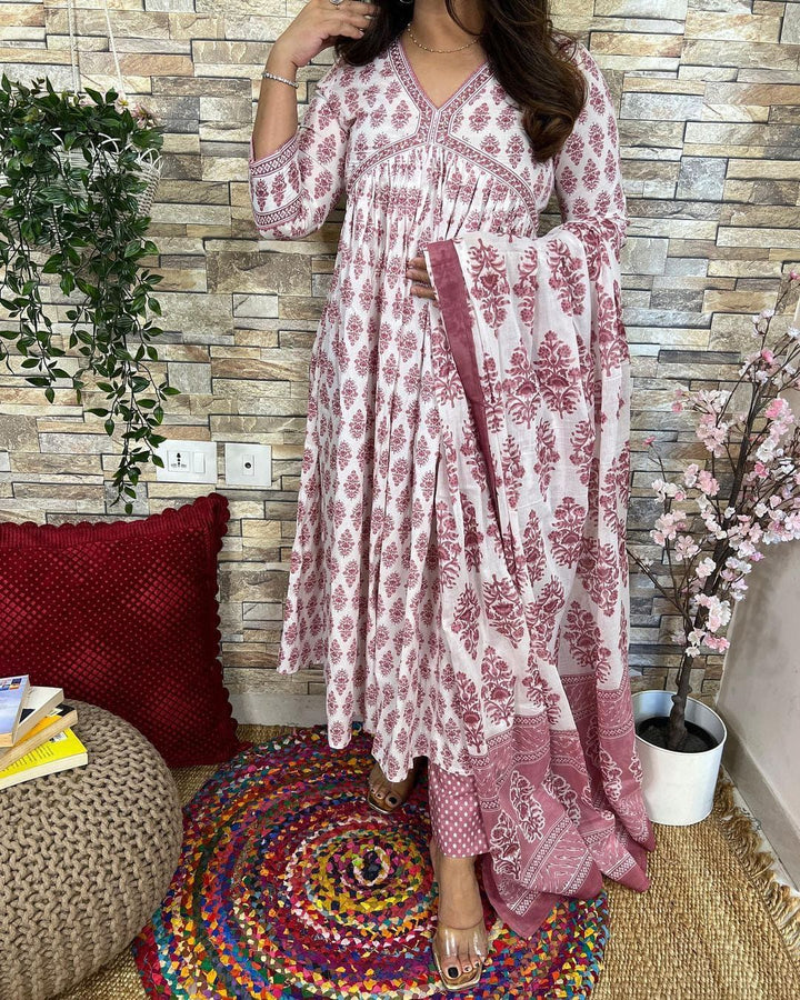 White Mauve Pink  Anarkali Kurti Set