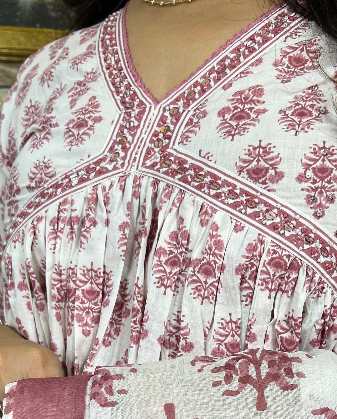 White Mauve Pink  Anarkali Kurti Set