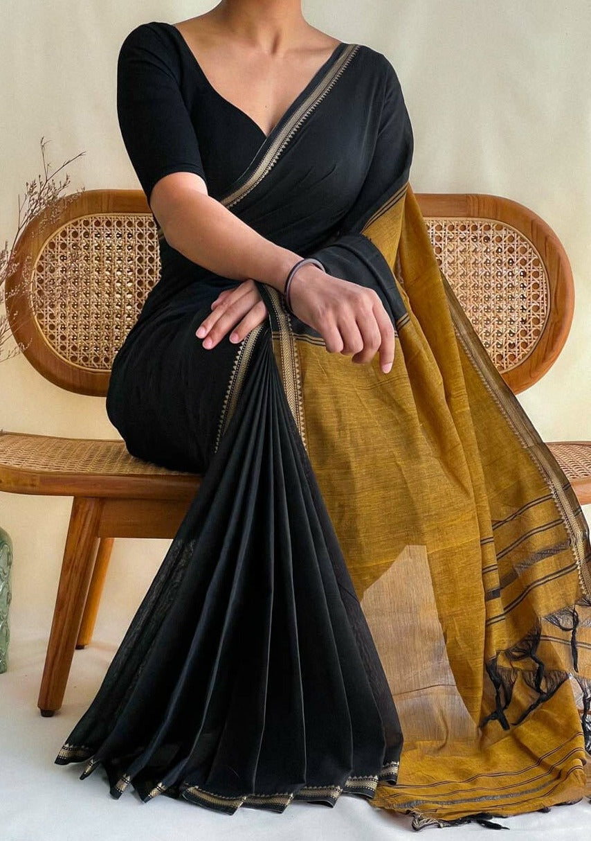 Gratifying Pure Khadi Cotton Black Saree