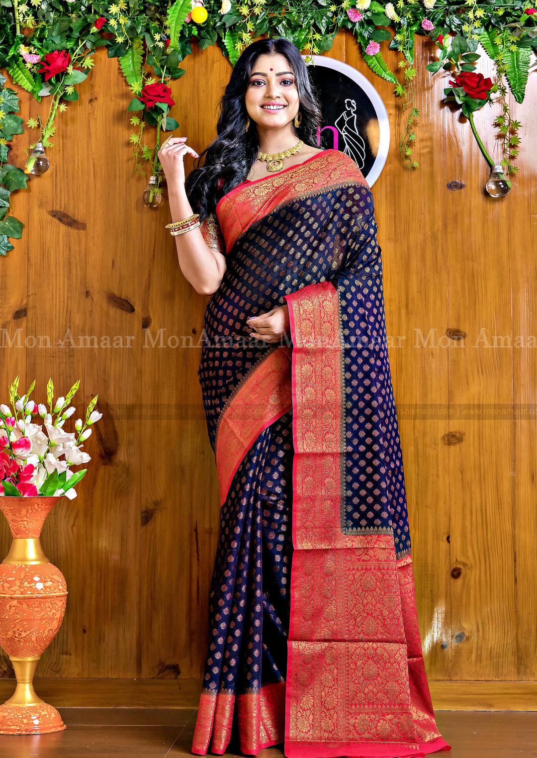 Charismatic Blue Red Semi Georgette Banarasi Saree