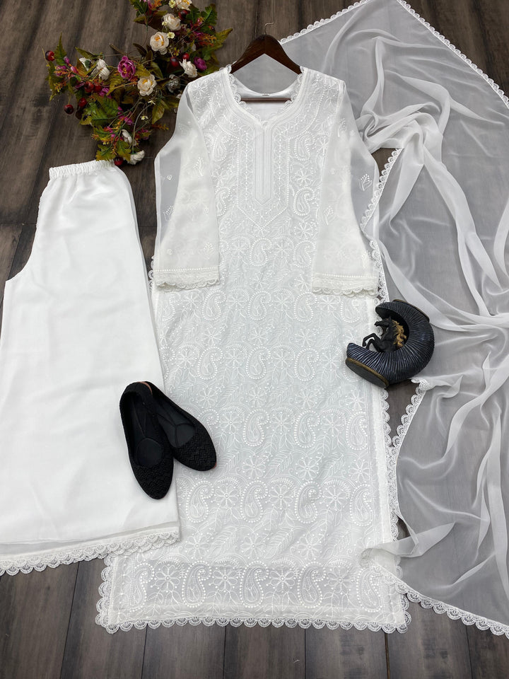 Breeze Bloom Georgette White Kurti Set